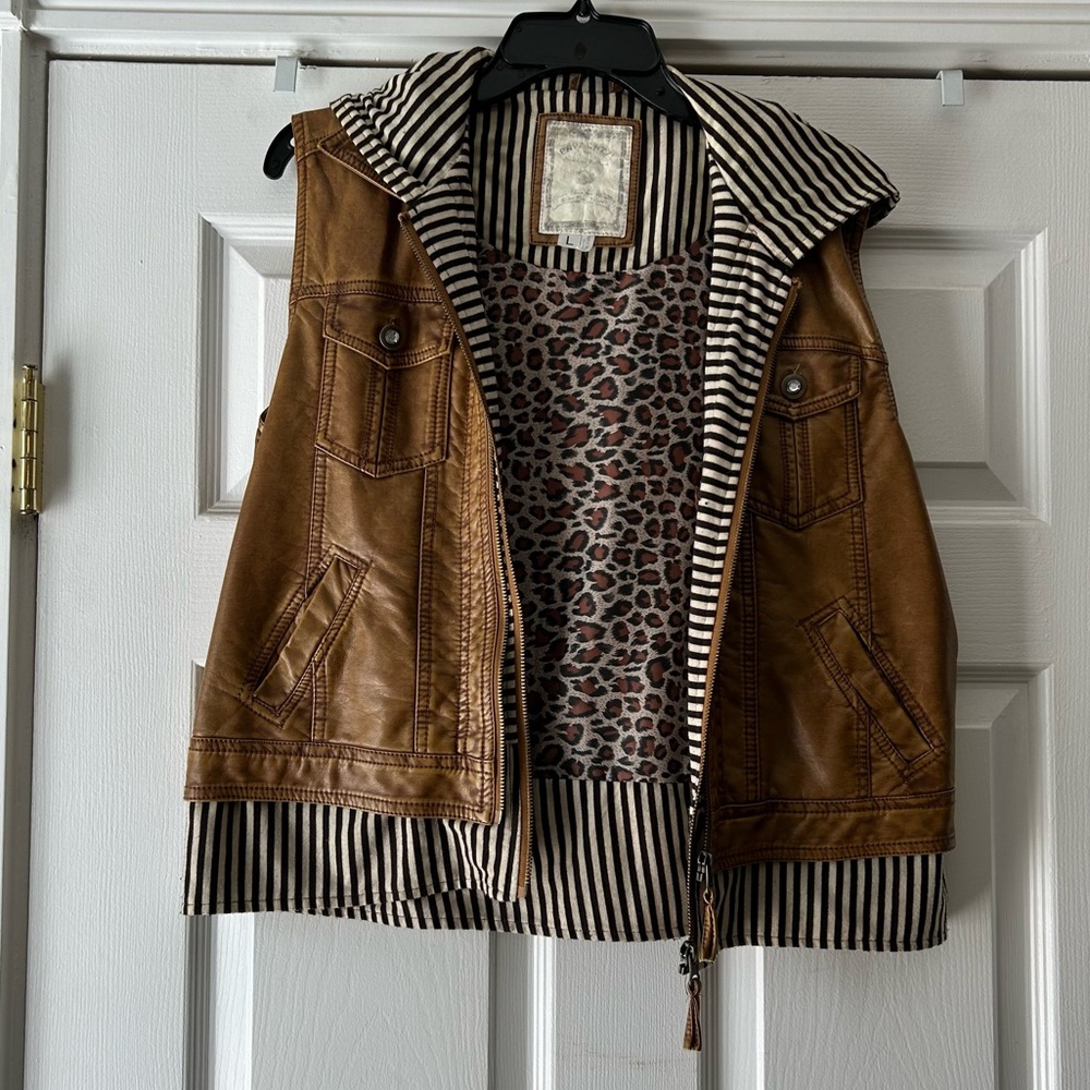 Brown Hooded Vest with Striped Lining